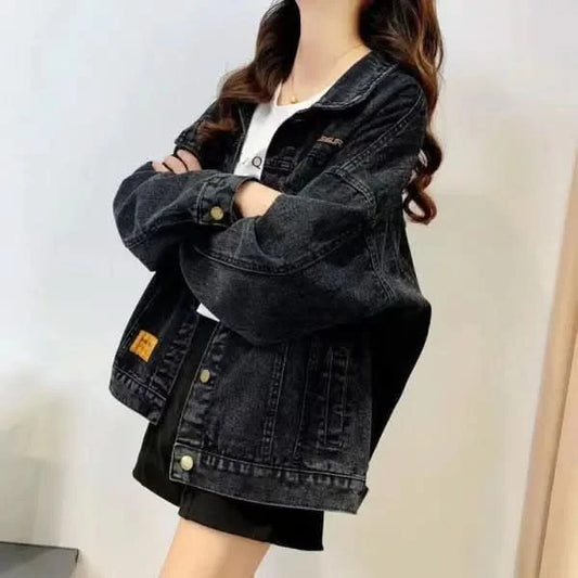 Loose Embroidered Lettered Black Denim Jacket.