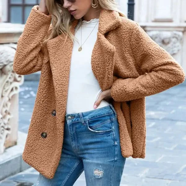 Loose Lapel Fluffy Coat Winter Button.