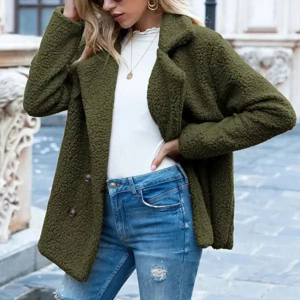 Loose Lapel Fluffy Coat Winter Button.