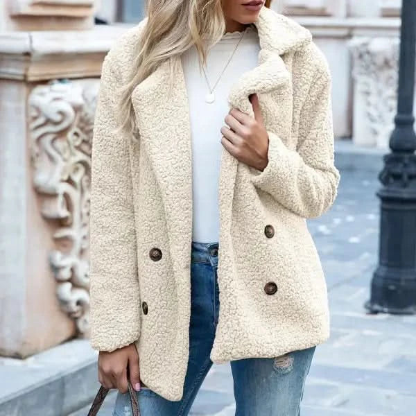 Loose Lapel Fluffy Coat Winter Button.