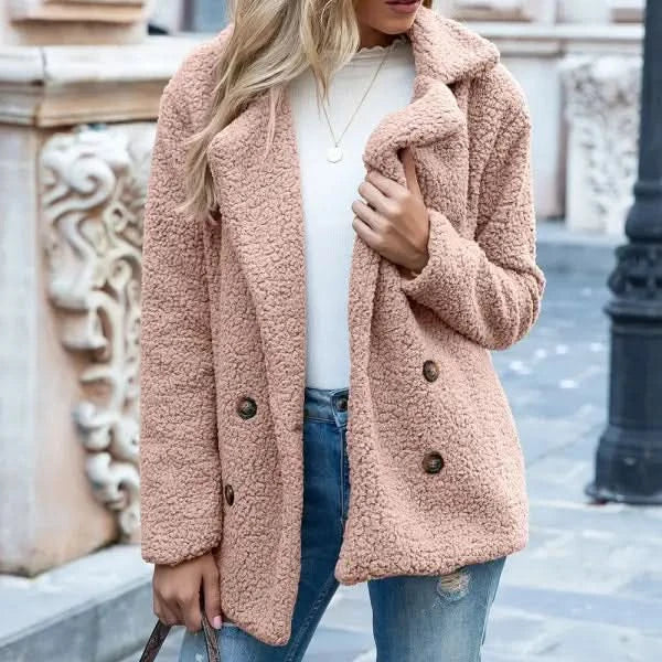 Loose Lapel Fluffy Coat Winter Button.