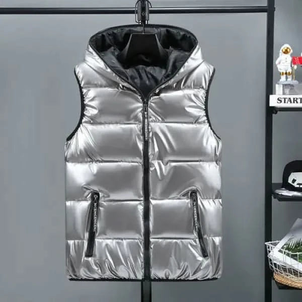 New Women Winter Vests Hooded Short Bright Color Vest Cotton Padded Sl Silver / XL For 55 KG Womans Jacket classy