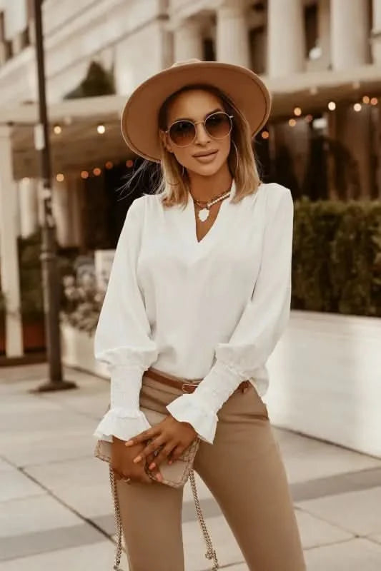 Pure Color Simple Cuffs Embellished V-Neck Women Shirt.