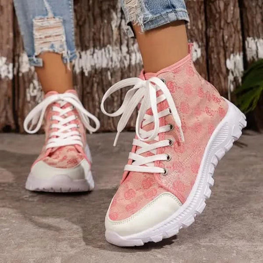 Rose-printed Lace-up Boots Fashion Breathable Canvas Shoes.