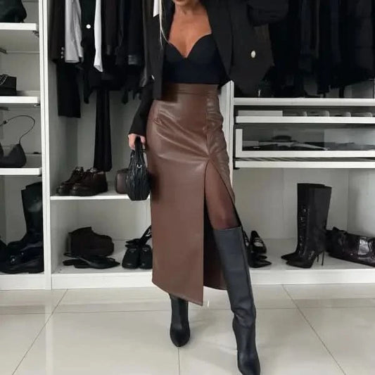 Sexy High Waist Split Leather Skirt.