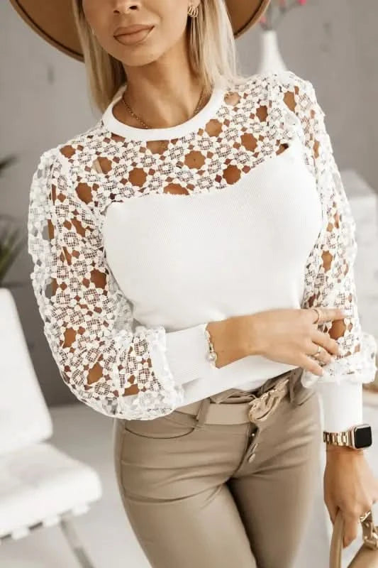 Sexy Hollow Out Lace Lace Patchwork Round Neck Long Sleeve Shirt.