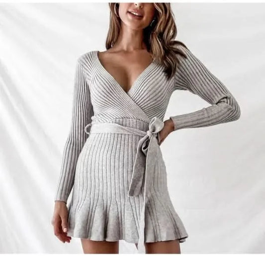 Sexy V Neck Knitted Dresses Women Long Sleeve.