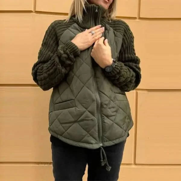 Stand Collar Cotton Jacket Knitted Stitching Zipper.