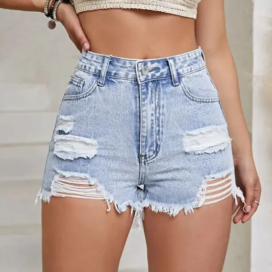 Women's Clothing European And American Fashion Holes Denim Shorts.