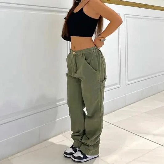 Women's Denim Straight High Waist Stitching Multi-pocket Trousers.