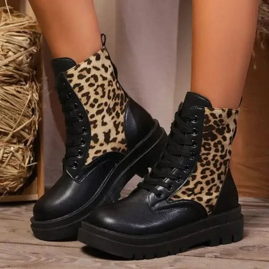 Women's Plus Size Leopard Splicing Martin Boots.