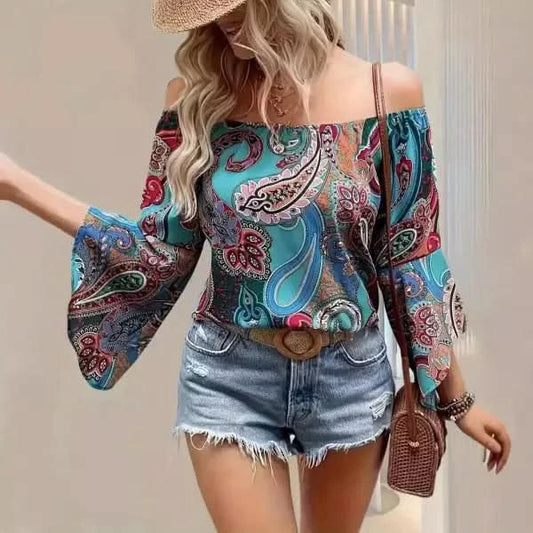 Women's Shirt Elegant Ruffle Sleeve Printed Blouse.