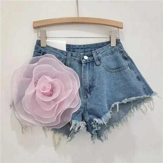 Women's Three-dimensional Flower Denim Shorts.