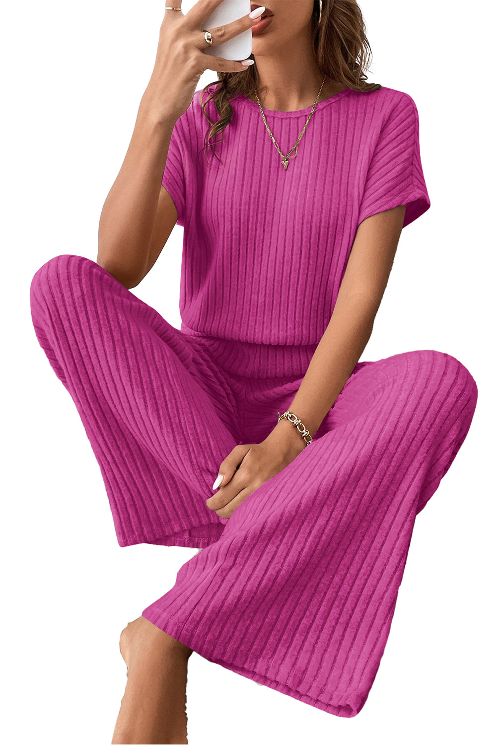 Parchment Ribbed Short Sleeve Wide Leg Jumpsuit