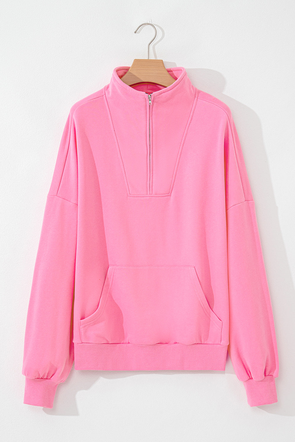 Zip-up Stand Neck Kangaroo Pocket Hoodie.