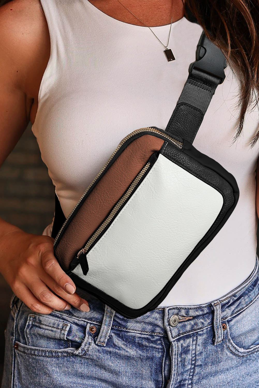 White Color Block Crossbody Bag.