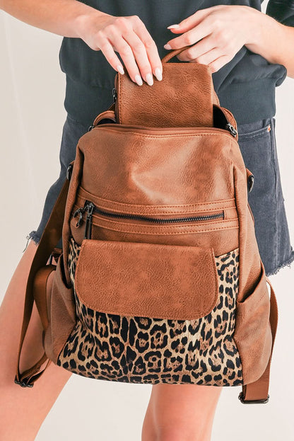 Coffee Leopard Patchwork PU Leather Functional Backpack.