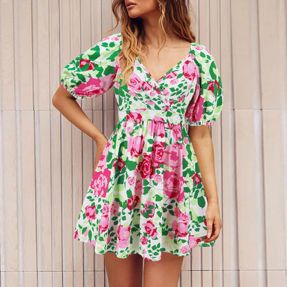 Flowers Print V-Neck Lantern-sleeve Dress.