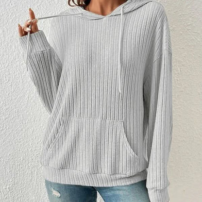 Fashion Drawstring Long-sleeved Hooded Sweatshirt With Pockets Solid Sunken Stripe Hoodie Knitwear Womens Clothing.