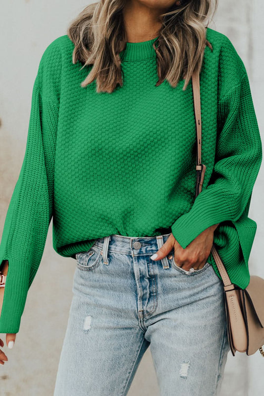 Dark Green Textured Knit Sweater.