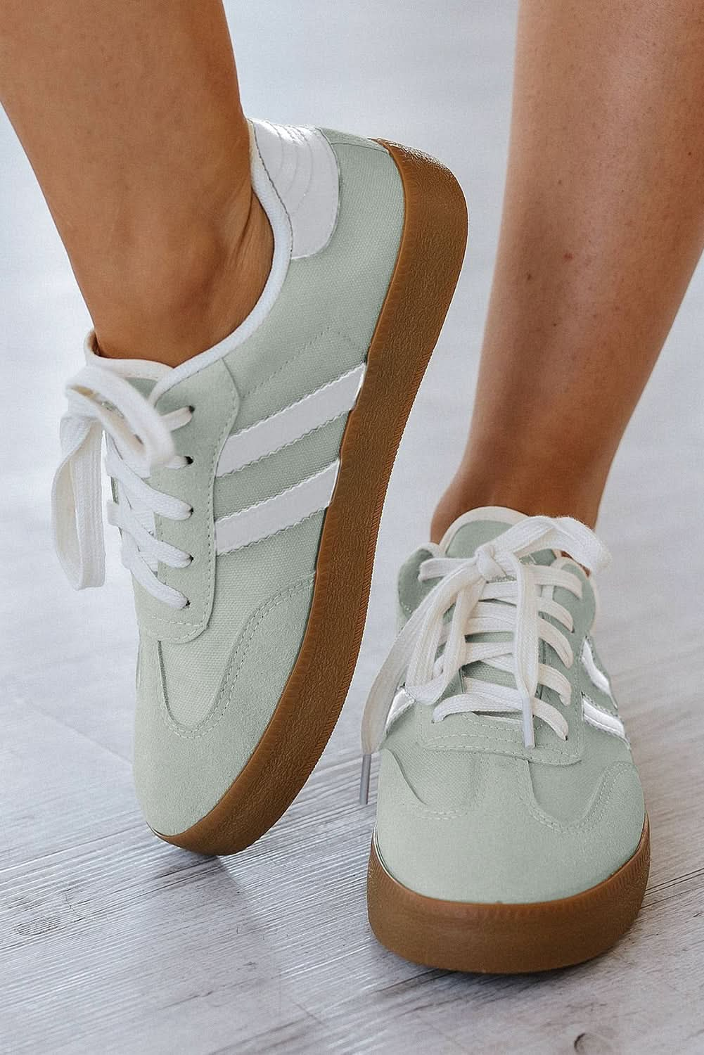 White Striped Lace Up Flat Sneakers.