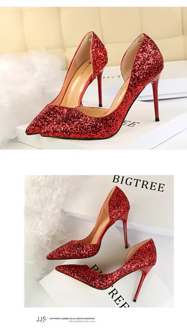 Skinny Women’s Shoes Stiletto Heel Shallow Mouth Pointed Side Hollow-out Sequin