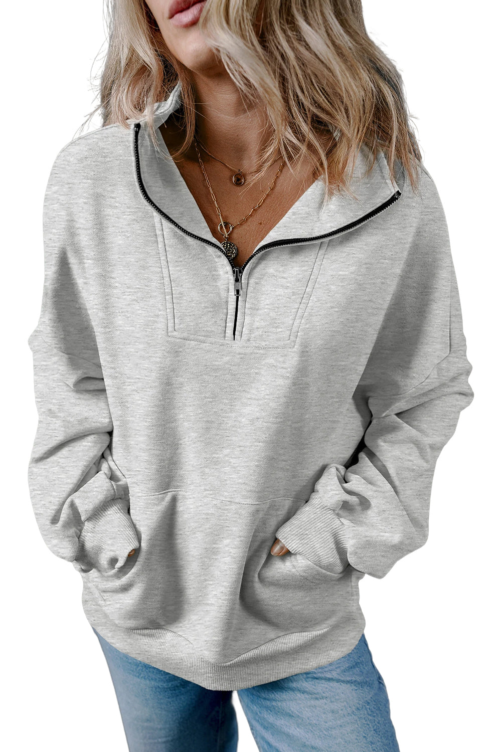 Zip-up Stand Neck Kangaroo Pocket Hoodie.