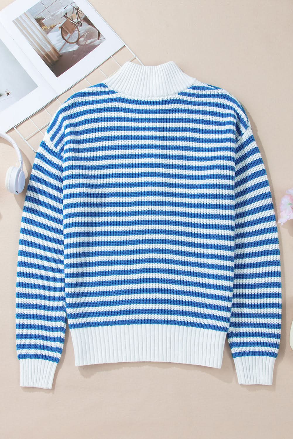 Black Stripe Zip Up Collar Drop Sleeve Sweater.