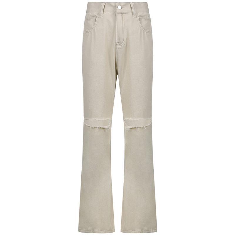 Casual Wide-leg Pants Ripped High-waist Denim Trousers