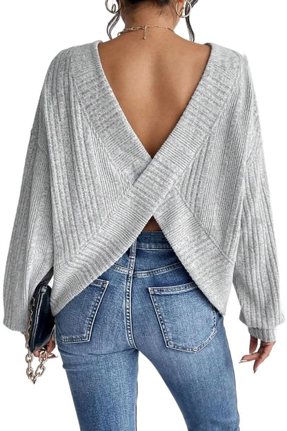 Light Grey Ribbed Backless Drop Sleeve Top.