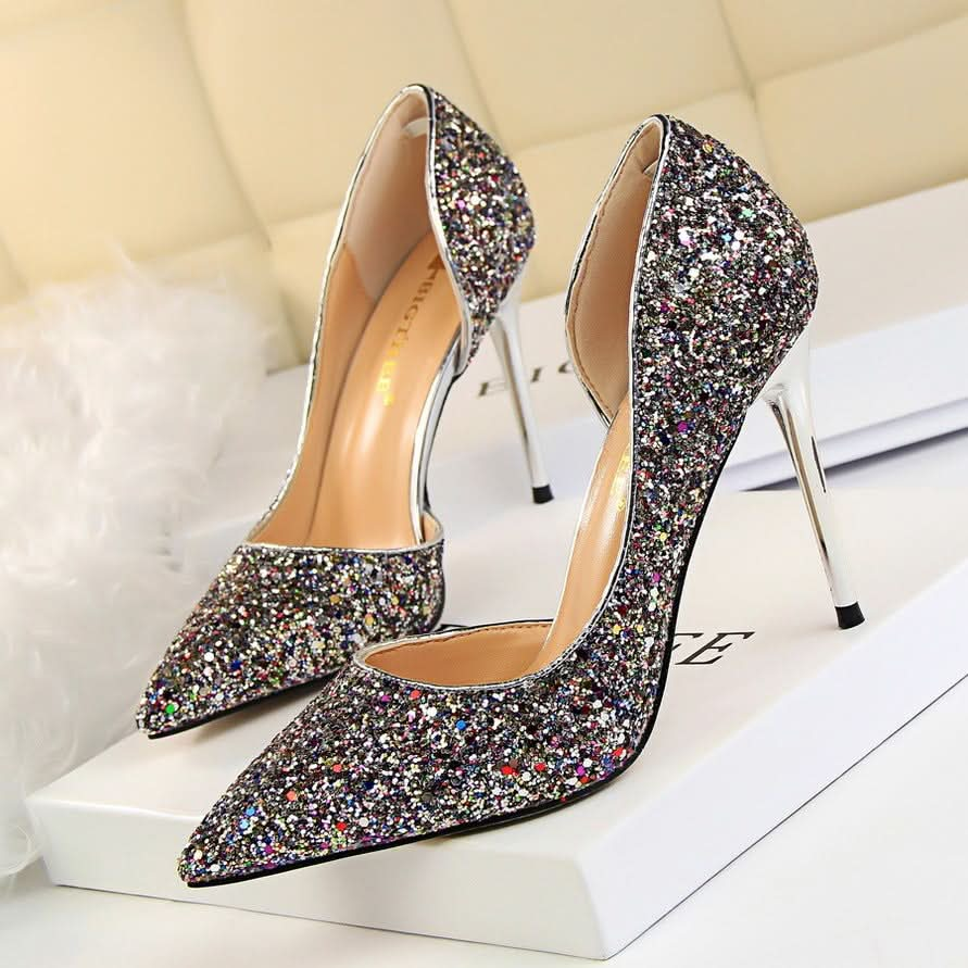 Skinny Women's Shoes Stiletto Heel Shallow Mouth Pointed Side Hollow-out Sequin.