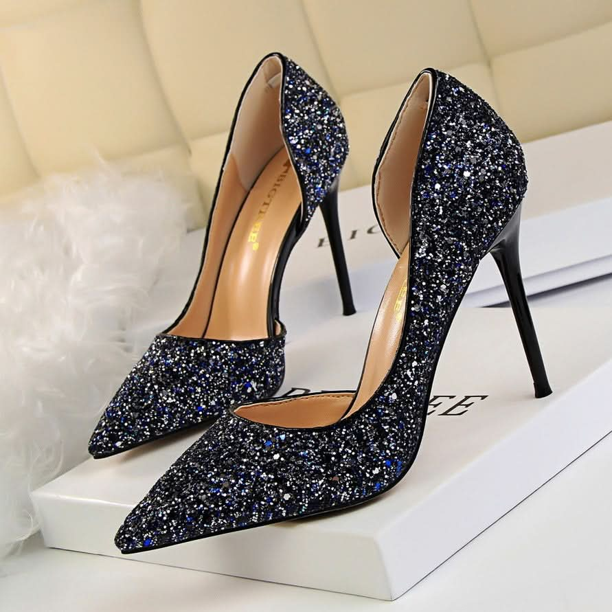 Skinny Women's Shoes Stiletto Heel Shallow Mouth Pointed Side Hollow-out Sequin.