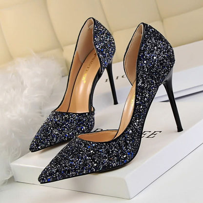 Skinny Women's Shoes Stiletto Heel Shallow Mouth Pointed Side Hollow-out Sequin.