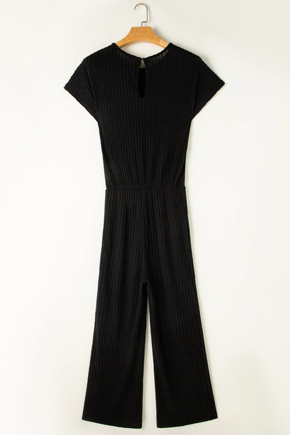 Parchment Ribbed Short Sleeve Wide Leg Jumpsuit