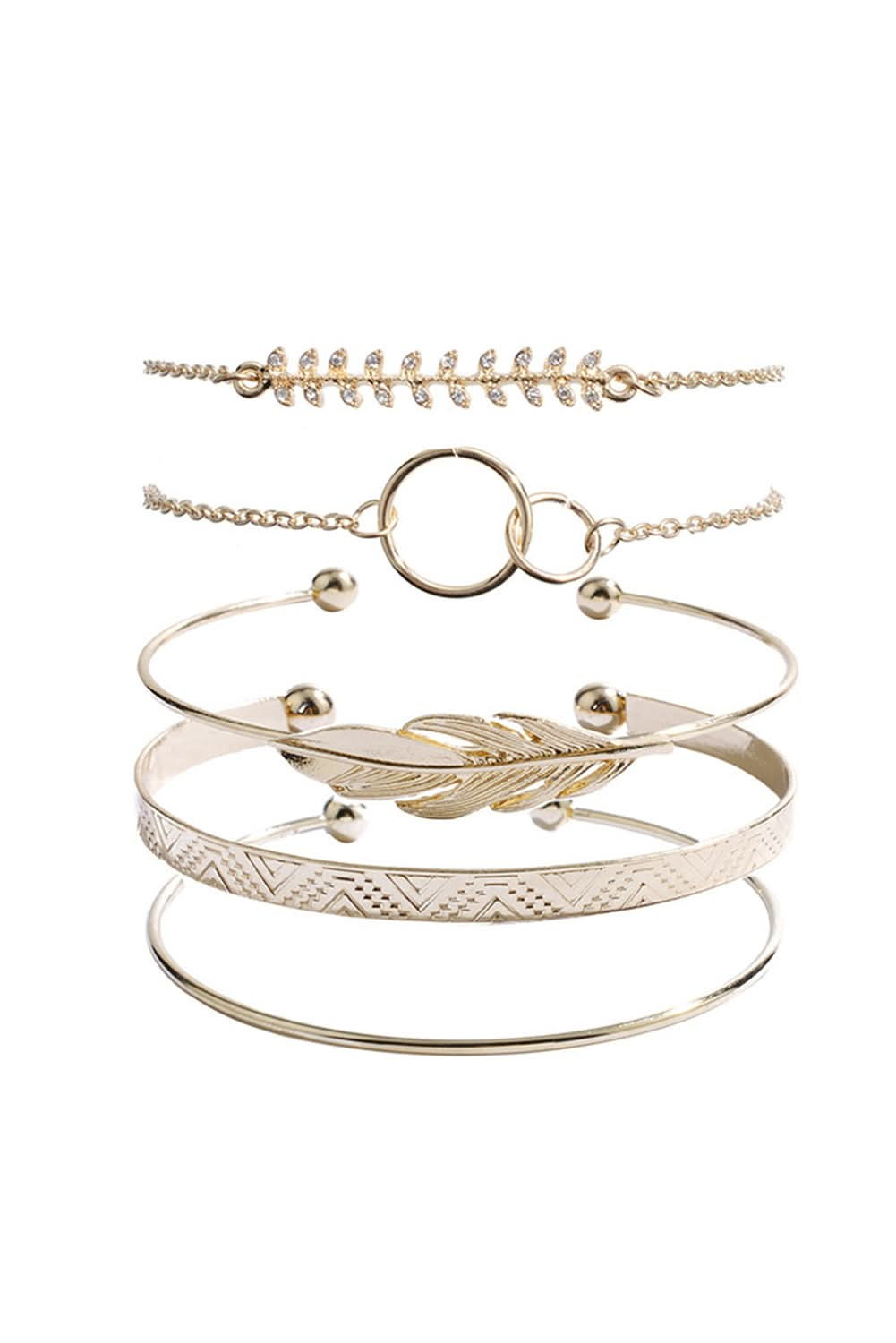 Gold 5Pcs Bohemian Leaf Adjustable Plated Bracelet Set.