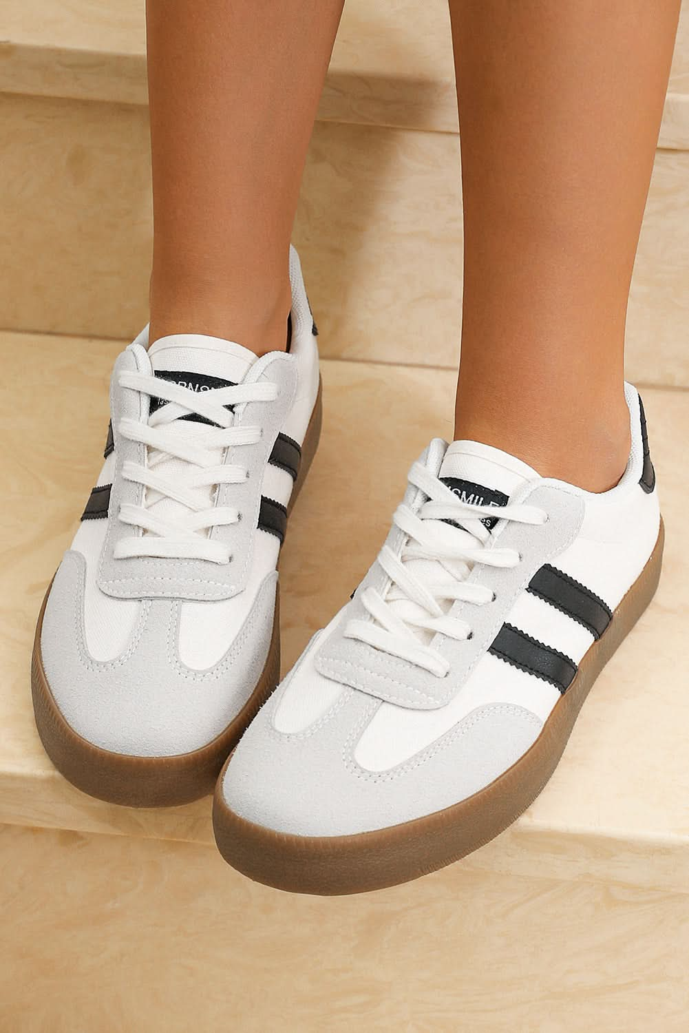 White Striped Lace Up Flat Sneakers.