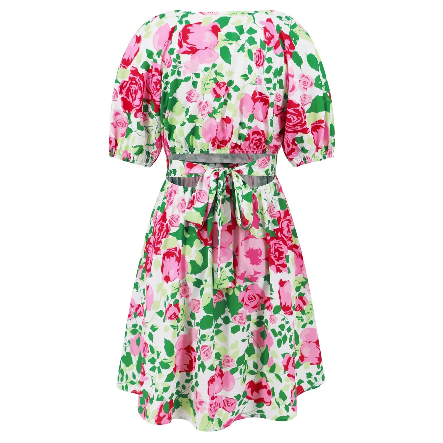 Flowers Print V-Neck Lantern-sleeve Dress