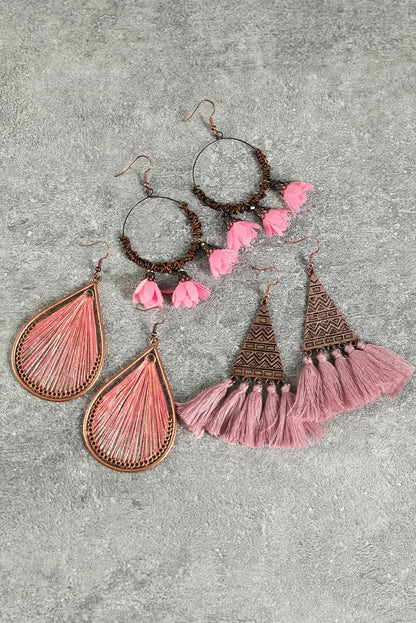 3 Pairs Boho Floral Tasseled Geometric Dangle Earrings Set.