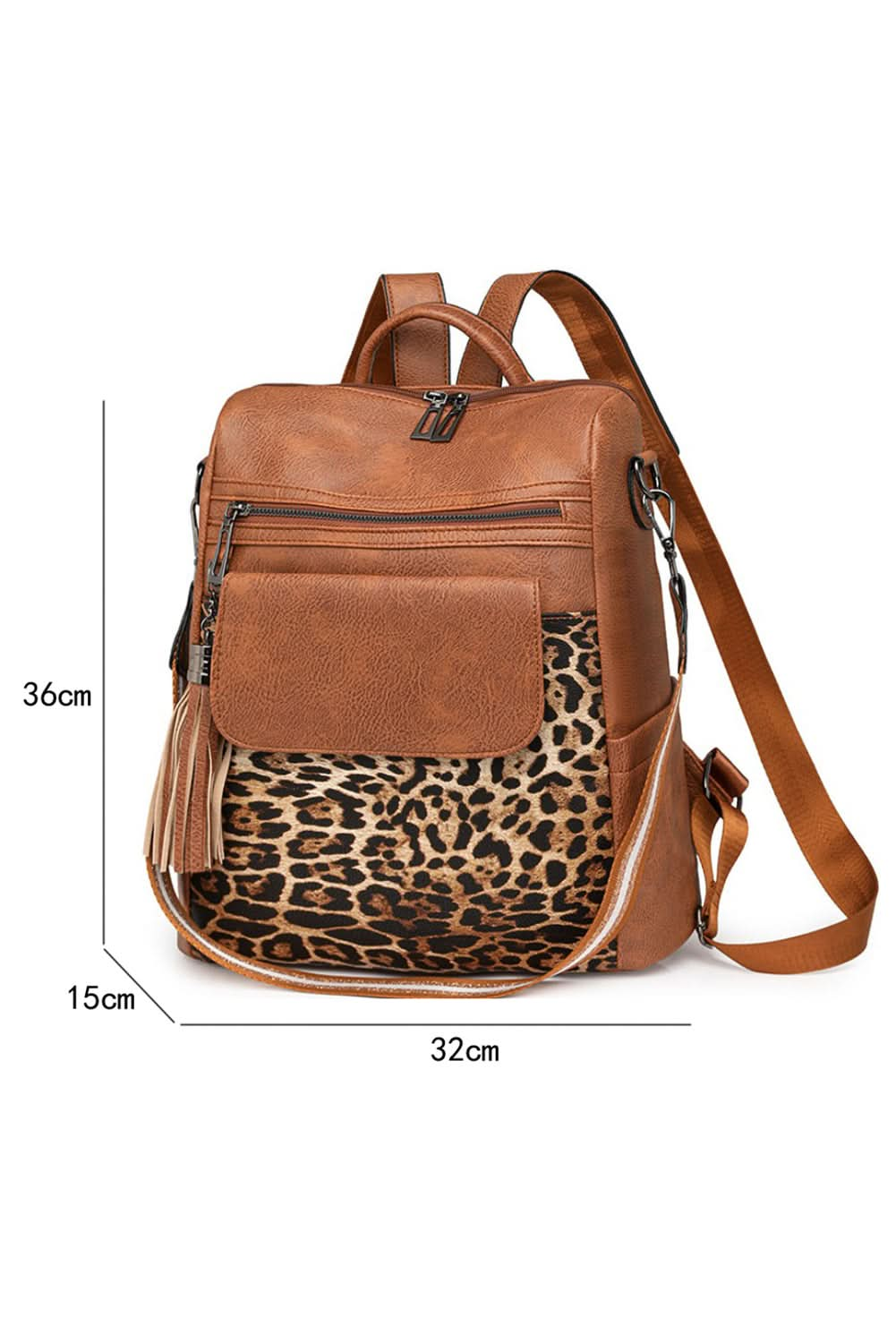 Coffee Leopard Patchwork PU Leather Functional Backpack.