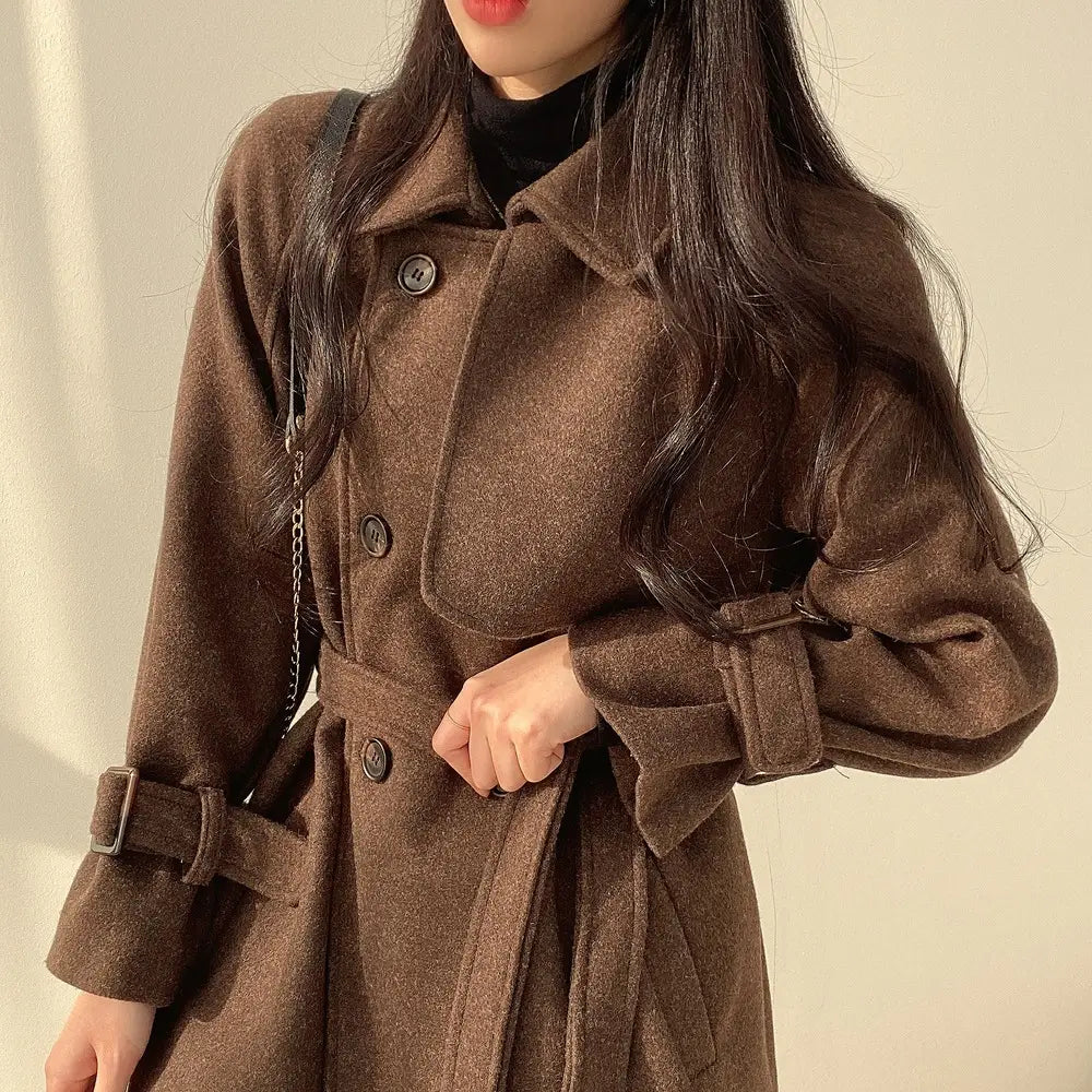 Korean Style Fashion Lace-up Retro Woolen Trench Coat