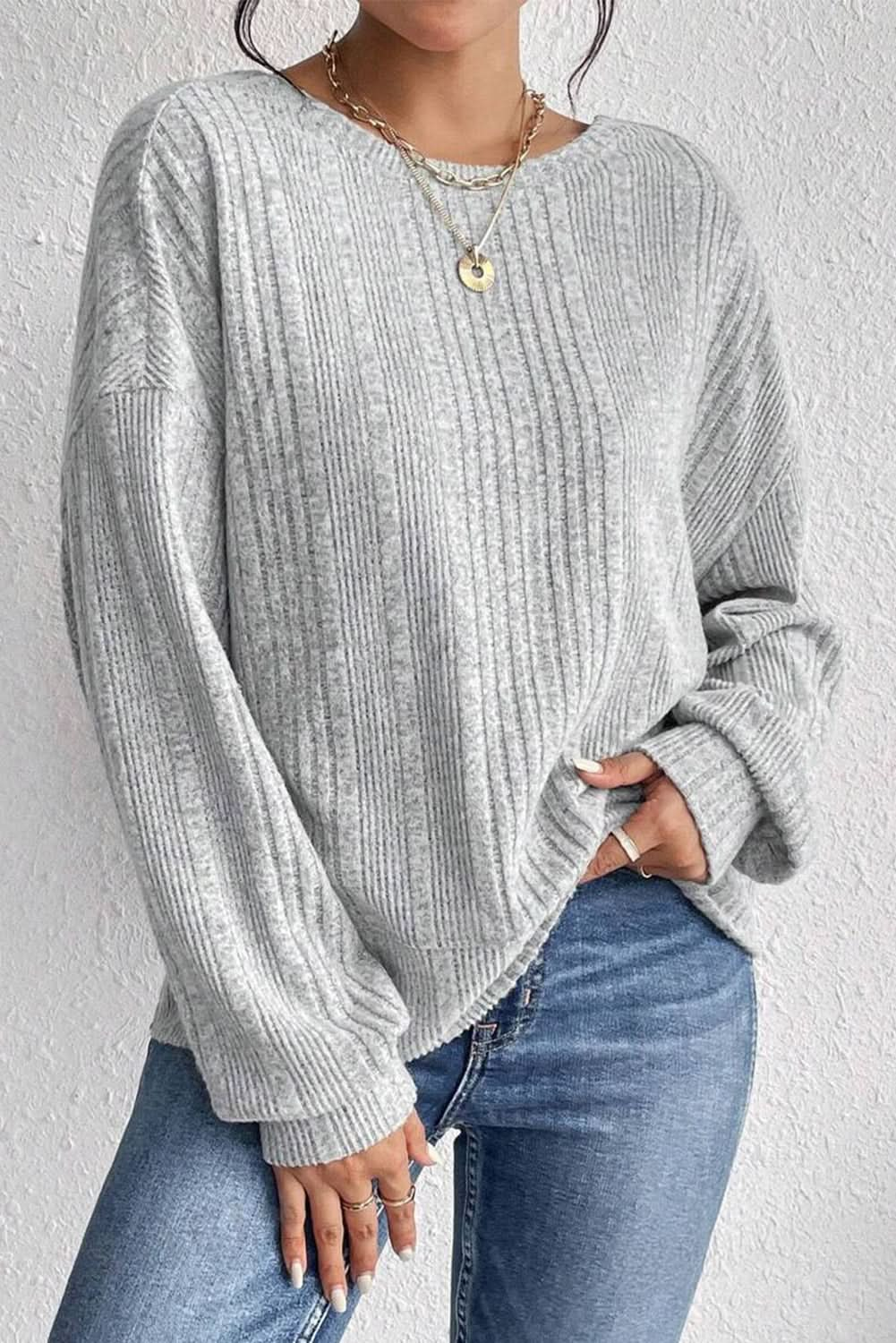 Light Grey Ribbed Backless Drop Sleeve Top.