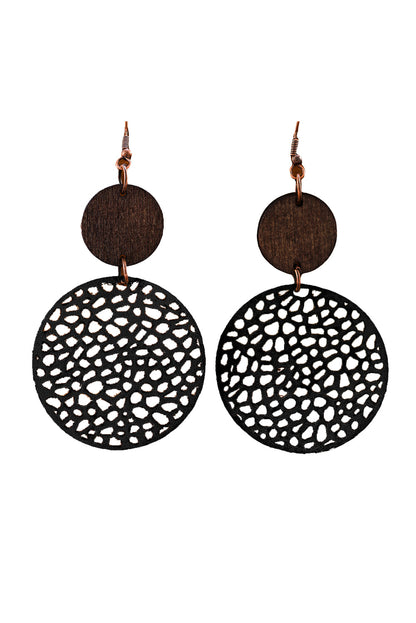 Khaki Hollow Out Wooden Chip Round Drop Earrings