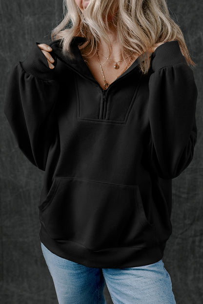 Zip-up Stand Neck Kangaroo Pocket Hoodie