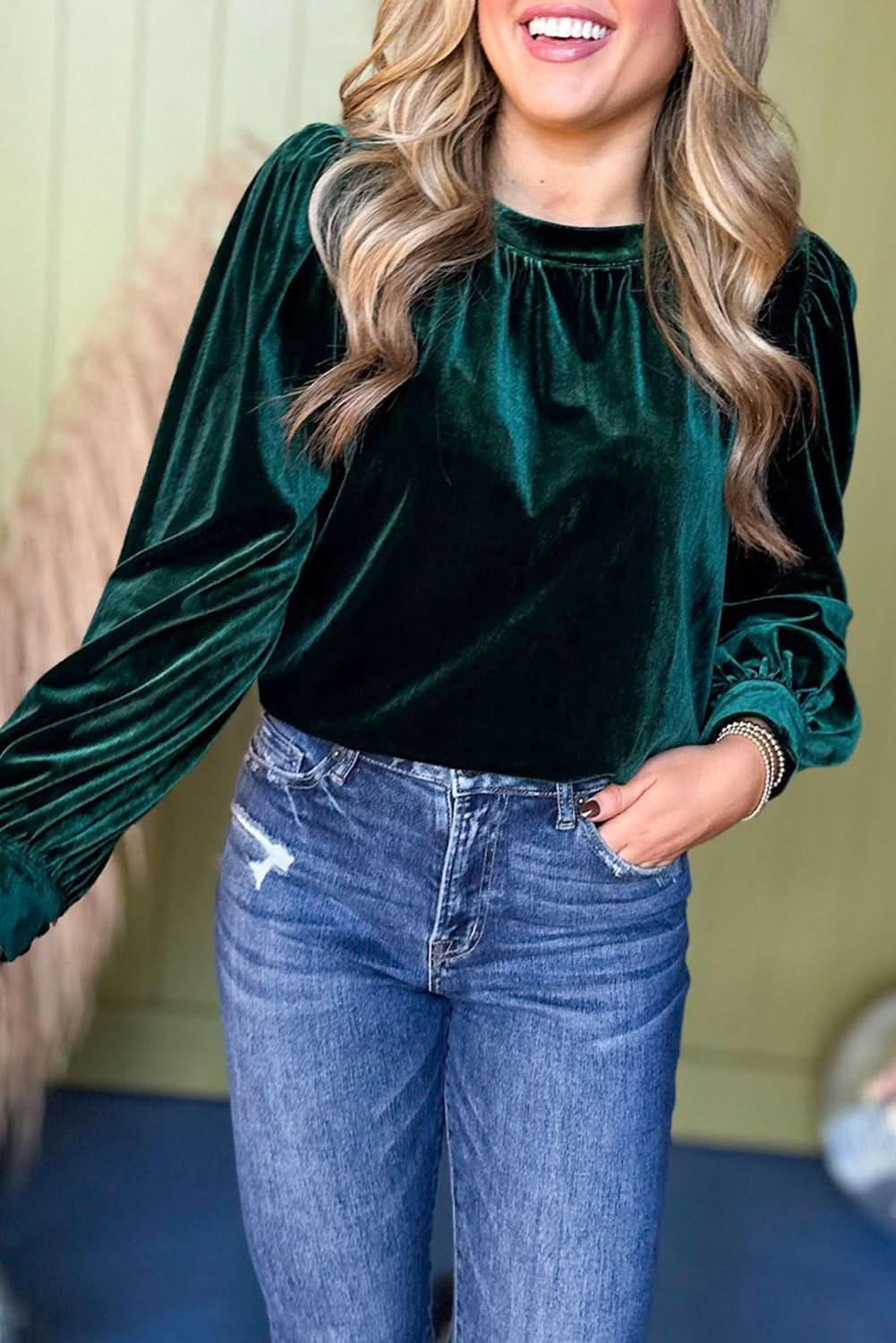 Sea Green Elegant Velvet Long Puff Sleeve Blouse.