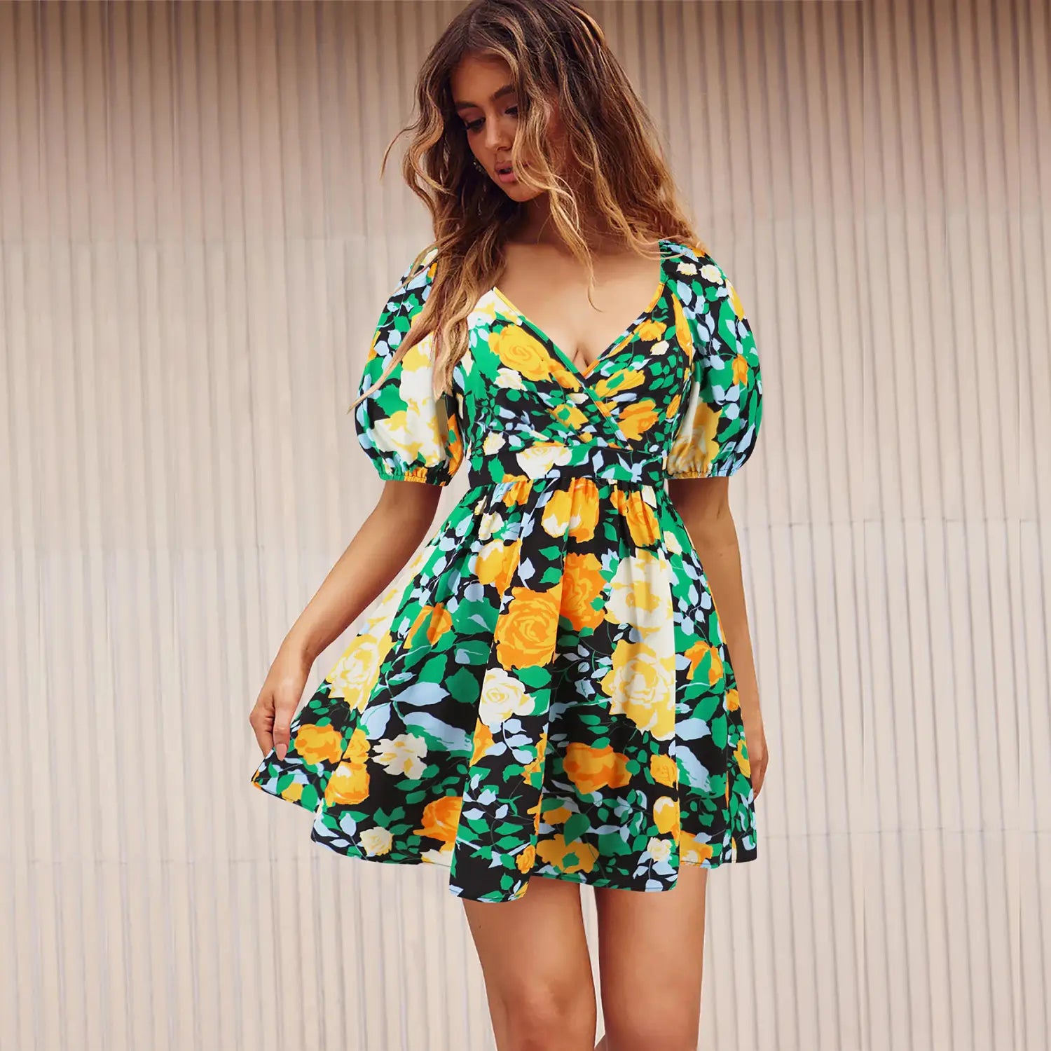 Flowers Print V-Neck Lantern-sleeve Dress