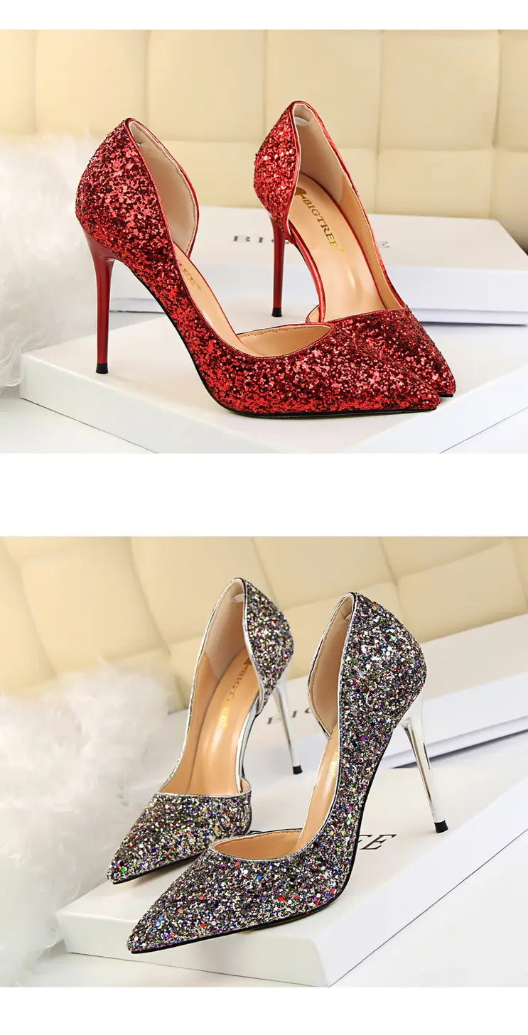 Skinny Women’s Shoes Stiletto Heel Shallow Mouth Pointed Side Hollow-out Sequin