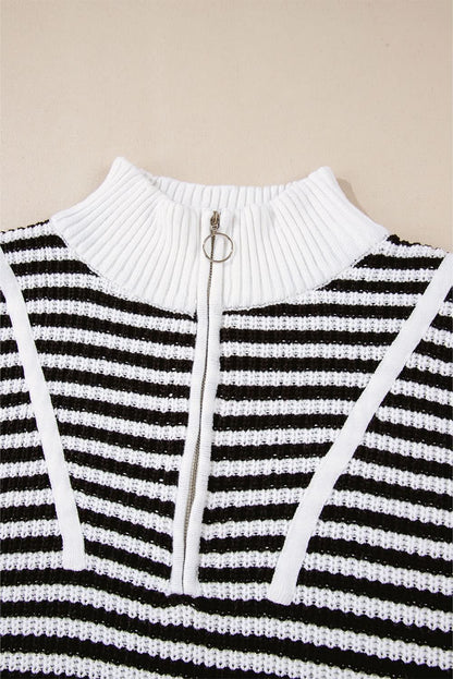 Black Stripe Zip Up Collar Drop Sleeve Sweater.