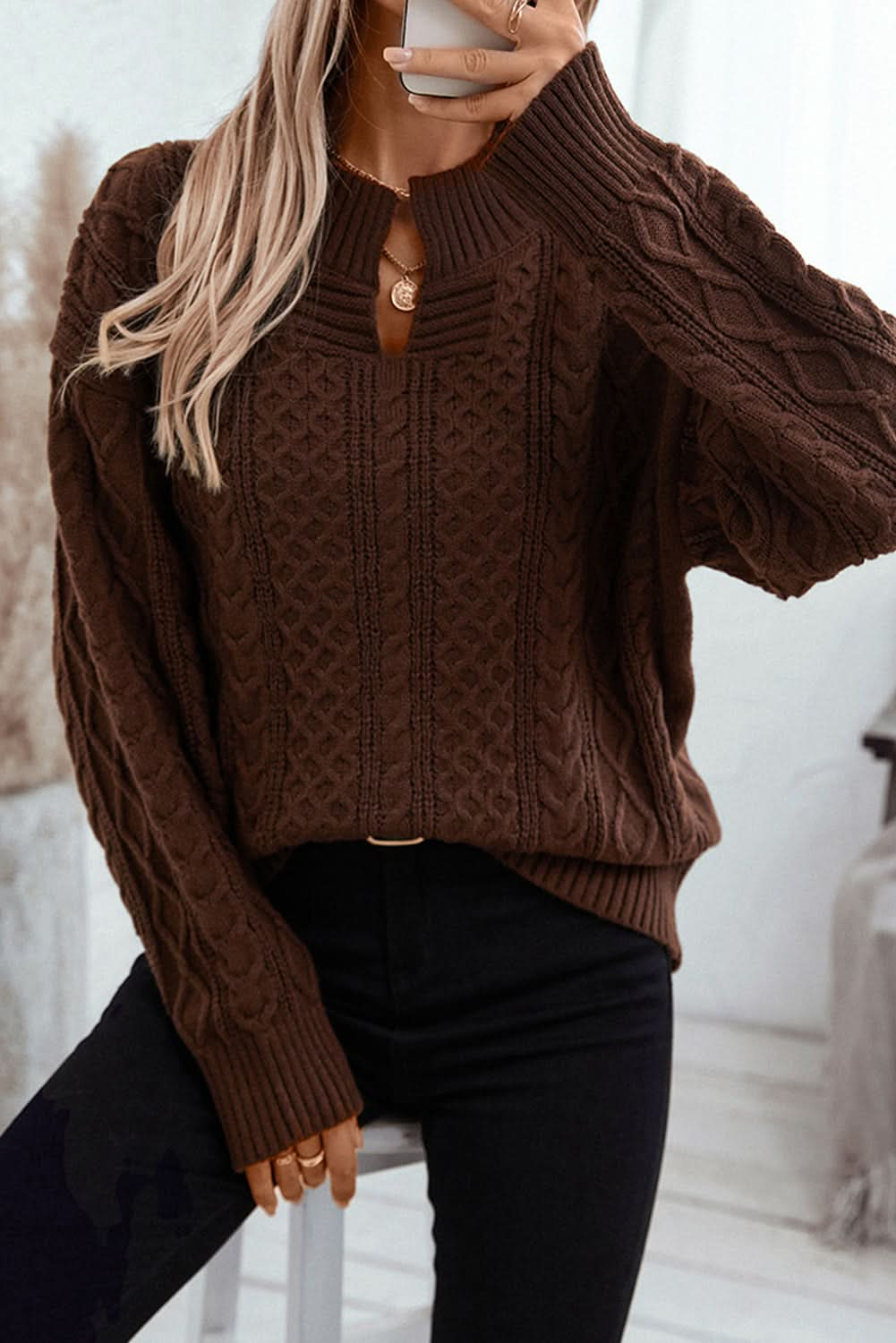 Coffee Twisted V-Neck Loose Casual Knit Sweater.