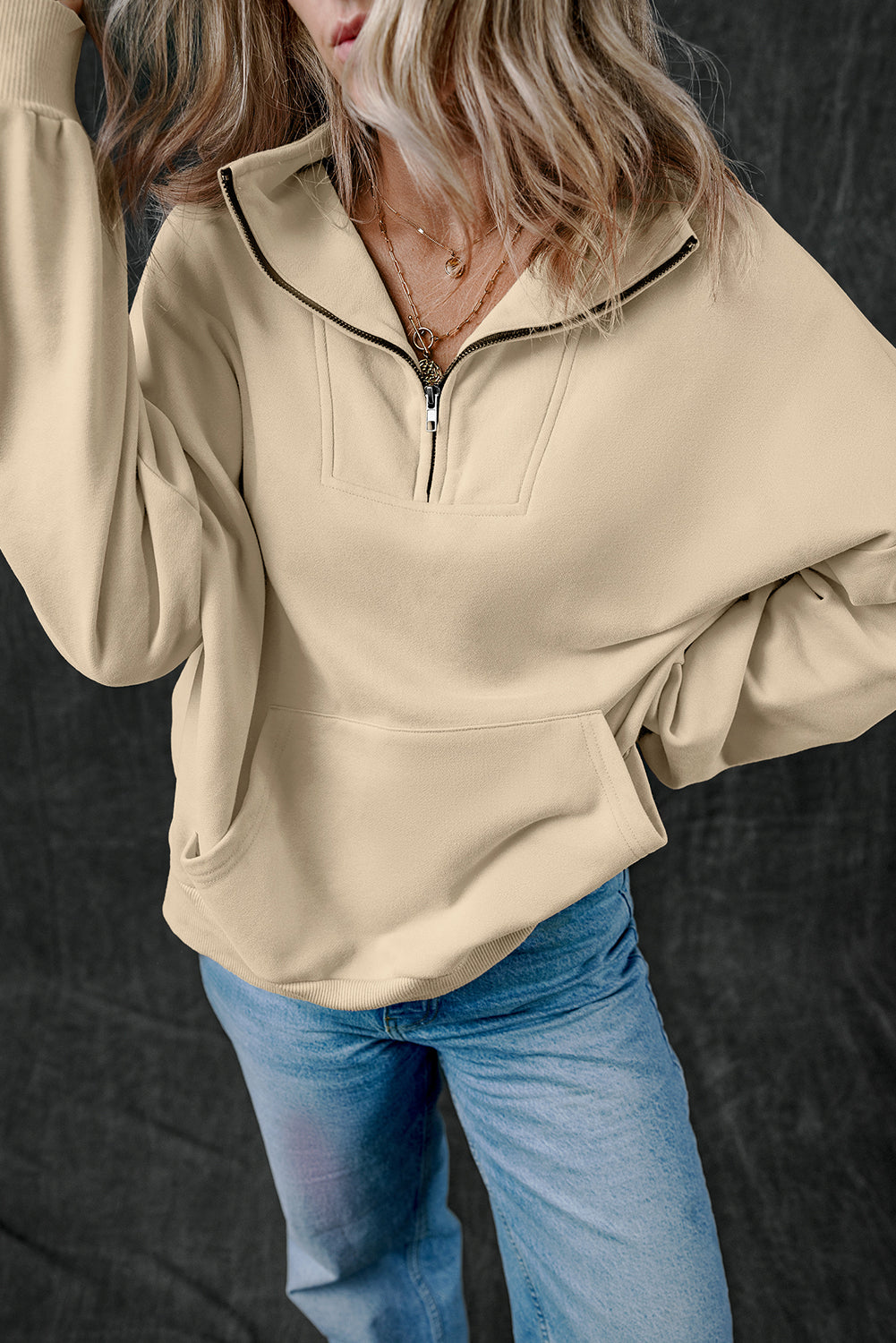 Zip-up Stand Neck Kangaroo Pocket Hoodie