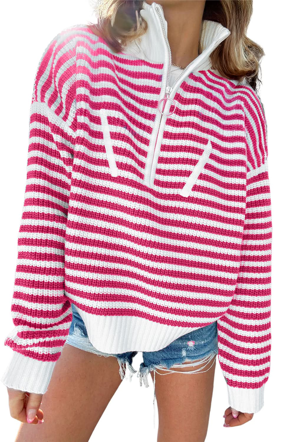 Black Stripe Zip-Up Collar Drop Sweater for Casual Elegance